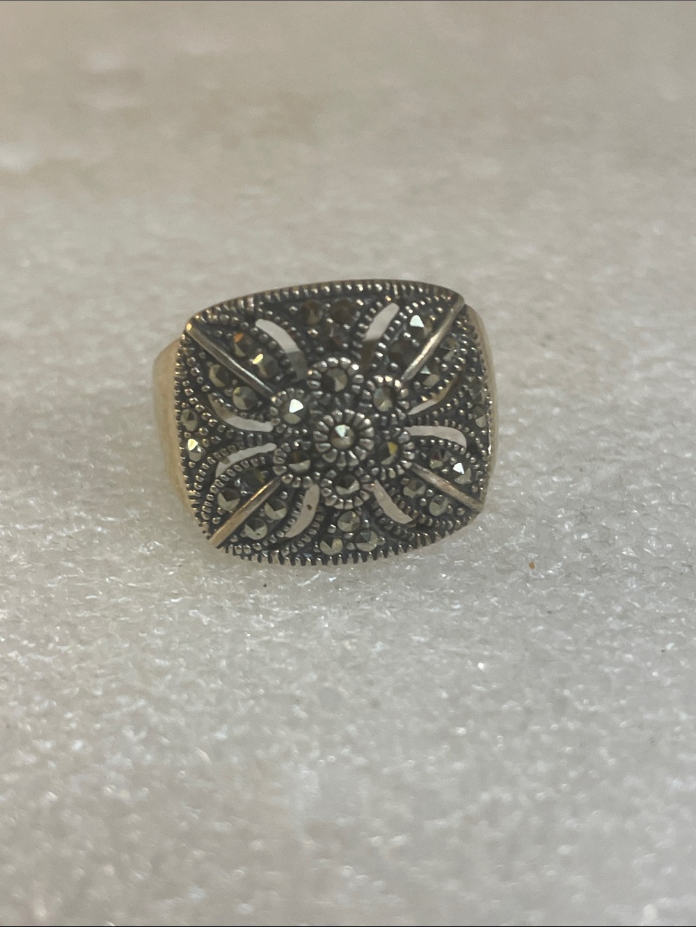 Intricate Marcasite Floral Square Ring - Silver Tone